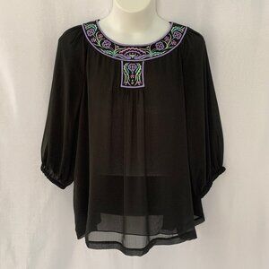 BOB MACKIE Multi Color Embroidery 3/4 Sleeve Poly Crinkle Top